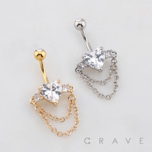 HEART CZ WITH DOUBLE ROPE CHAIN BELLY BUTTON NAVEL RING 316L SURGICAL STEEL
